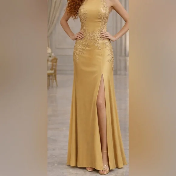 NWOT Gold Champagne Women’s Formal Military Kentucky Derby Wedding Gale Gown 10 - Picture 5 of 10